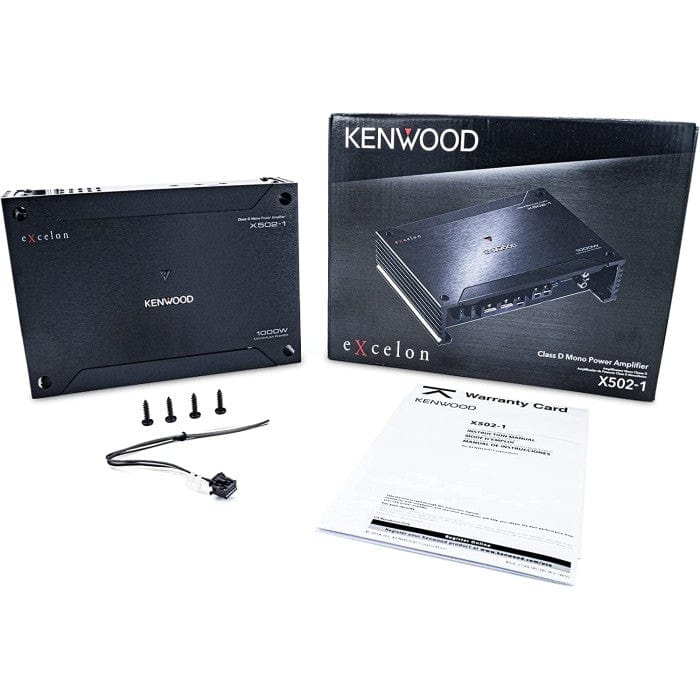 Kenwood Excelon amplifier with packaging, accessories, and warranty card on a white background