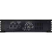 Black electronic amplifier with control knobs on a white background