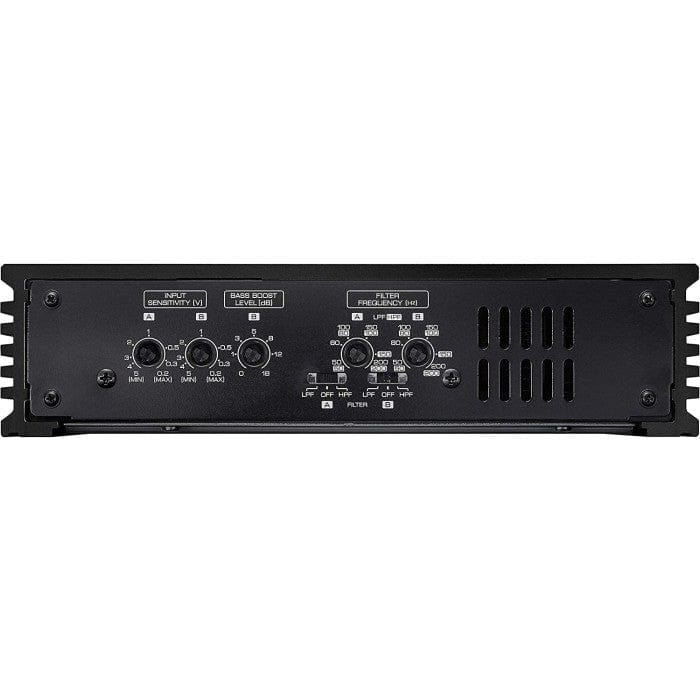 Black electronic amplifier with control knobs on a white background