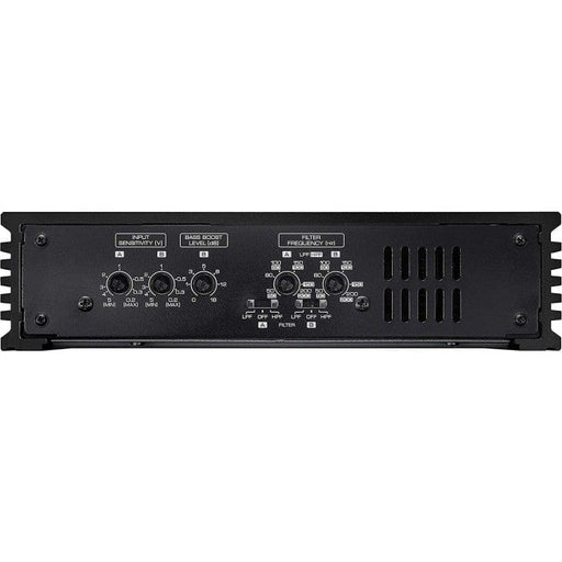 Black electronic amplifier with control knobs on a white background
