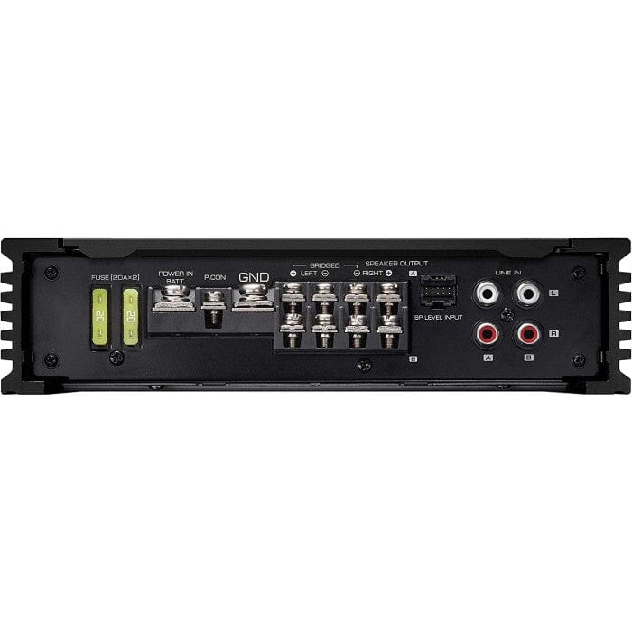 Audio amplifier with various input and output ports on a white background