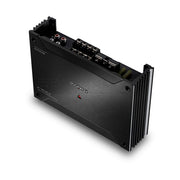 Black audio amplifier with brand logo on a white background