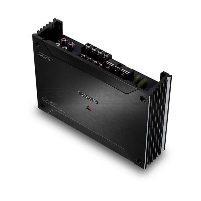 Black audio amplifier with brand logo on a white background