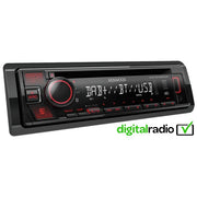 Kenwood car stereo with digital radio display on a white background