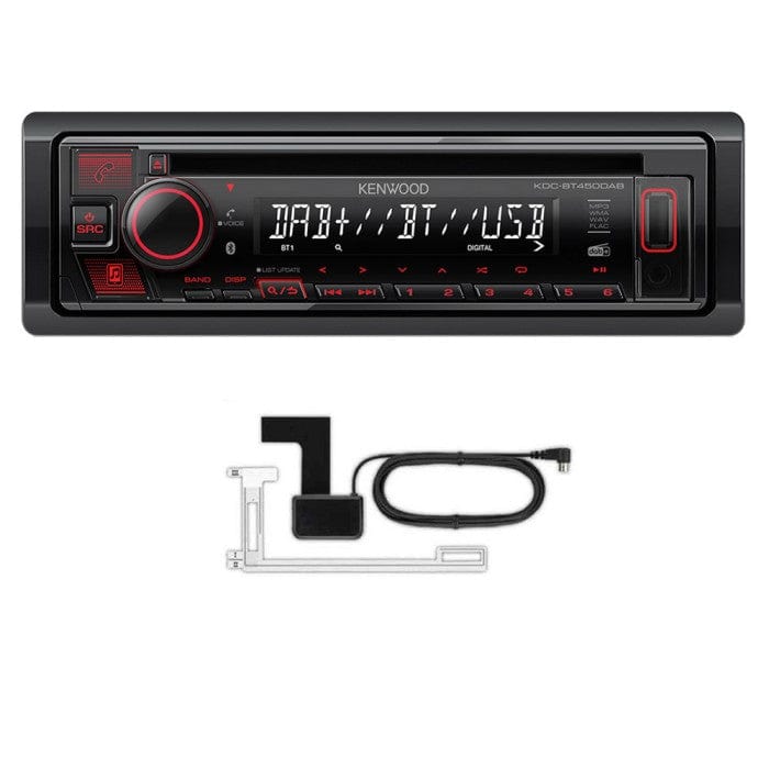 Car stereo system with DAB+, Bluetooth, and USB connectivity on a white background
