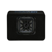 A black Kicker brand solo-baric L7 10-inch thin profile loaded enclosure for a vehicle's audio system.