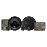 Pair of car speakers with visible brand logo on a white background