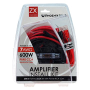 Amplifier install kit with red and black cables in clear packaging, featuring Phoenix Gold branding.