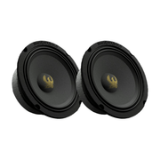 Two black speakers with a logo on a white background