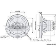 Technical drawing of a speaker with dimensions labeled