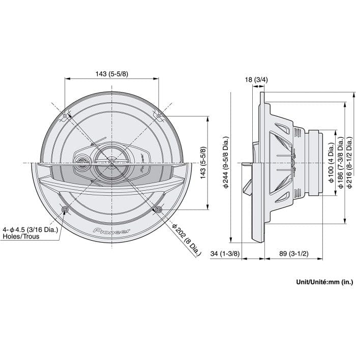 Technical drawing of a speaker with dimensions labeled