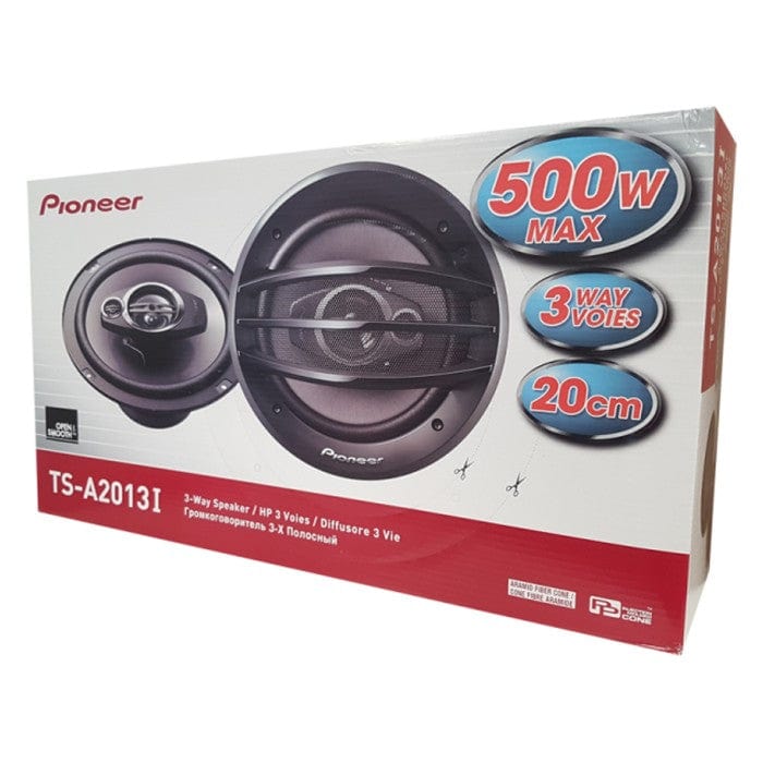 Pioneer car speaker packaging with specifications on a white background