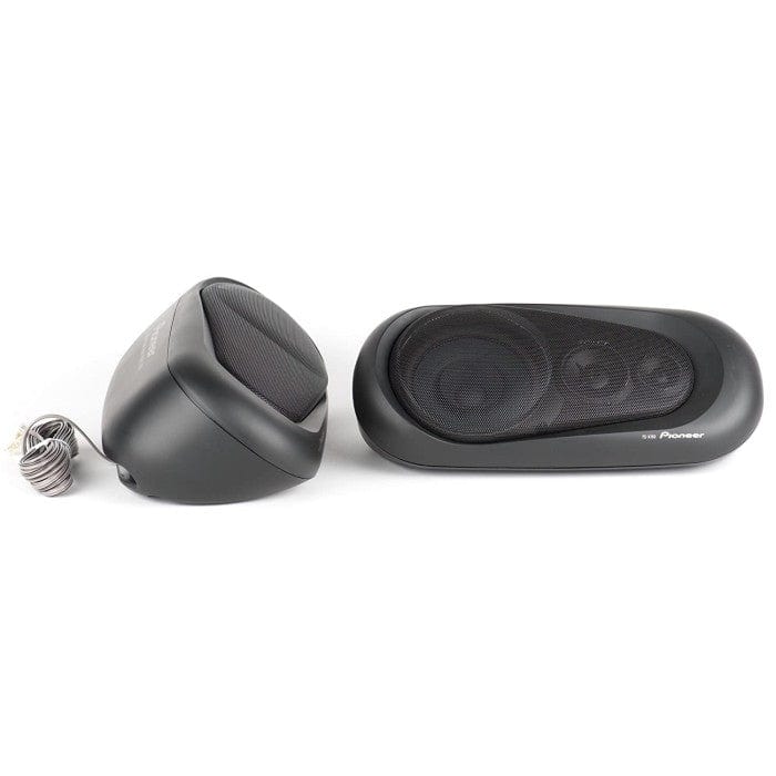 Two black car speakers on a white background