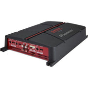 Pioneer car audio amplifier with black and red design on a white background