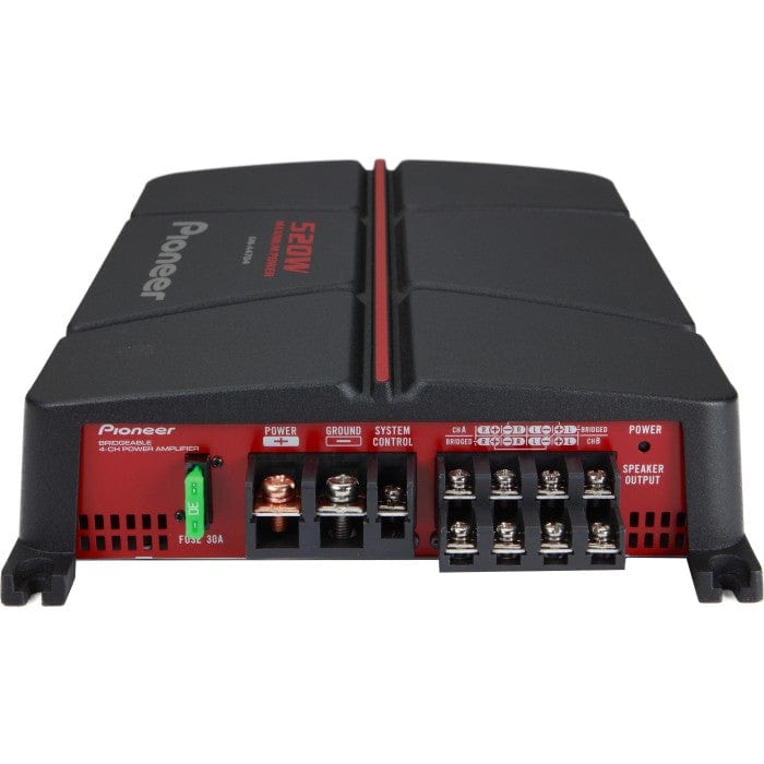 Pioneer car audio amplifier with red and black design on a white background