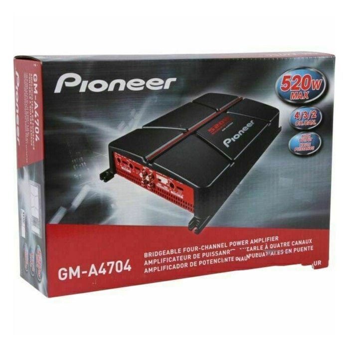 Pioneer GM-A4704 amplifier packaging with specifications on a white background