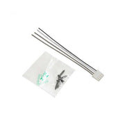 Metal rods and screws on a white background with a small bag featuring a recycling symbol.