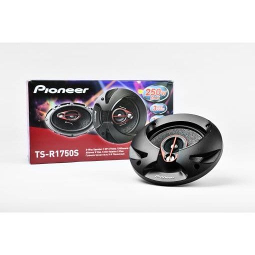 A Pioneer TS-R1750S 17cm 6.5" 250W 3-Way Car Speaker, black in color, showing the front view with the brand logo and red accents.