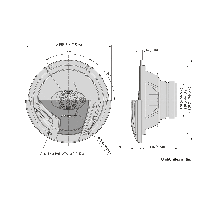 Pioneer car speaker packaging on a white background