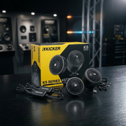 KICKER KS 46KST2504 1-inch silk dome car tweeter set with inline crossovers, multiple mounting options, protective grilles and 75W RMS power handling.