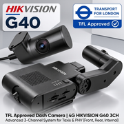 Hikvision G40 4G 3-channel dash camera shown from multiple angles on a clean white background, with a Transport for London TFL Approved badge and product text overlays.
