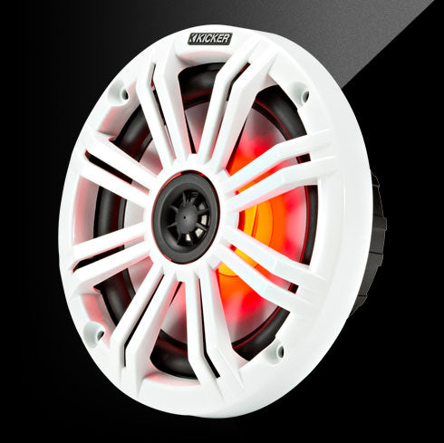 Kicker speaker with white frame and red interior on a black background