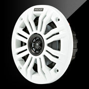 Kicker speaker with white frame and black center on a black background