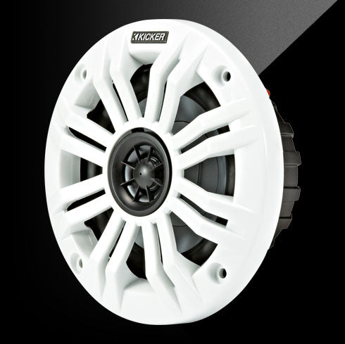 Kicker speaker with white frame and black center on a black background