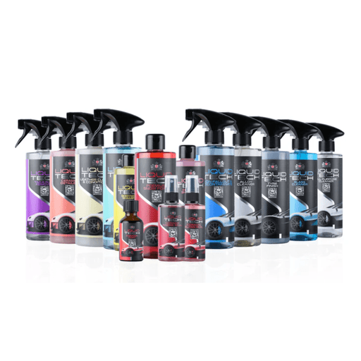 Collection of LIQUi TEC branded automotive care products on a white background