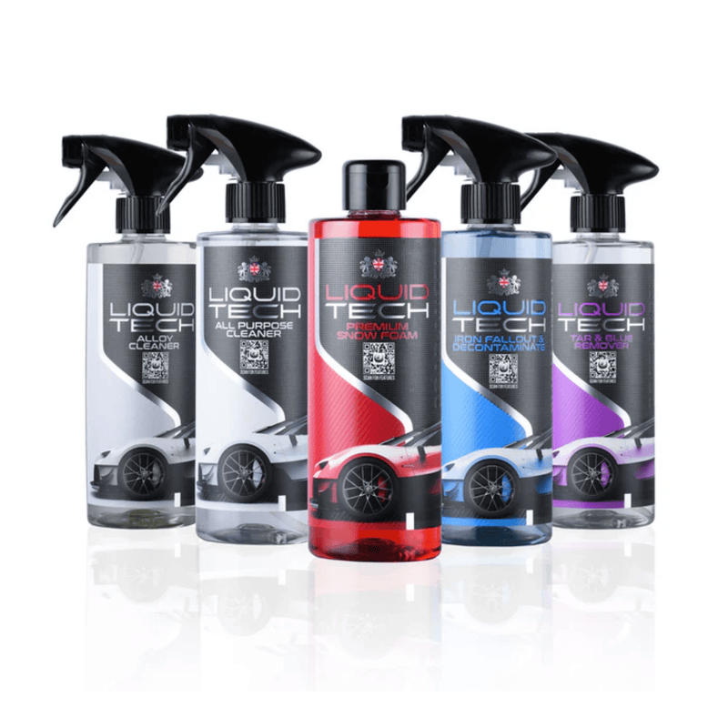Five bottles of Liquid Tech car care products on a white background