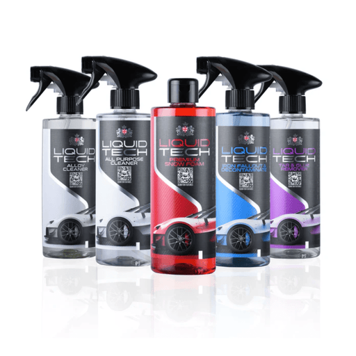 Five bottles of Liquid Tech car care products on a white background