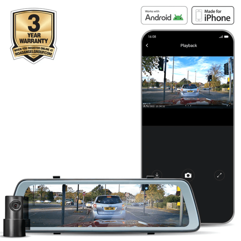 Road Angel Halo Vision mirror dash cam with Halo Pro rear camera installed in car