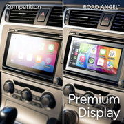 Comparison of a car dashboard with a competition display and a Road Angel premium display.