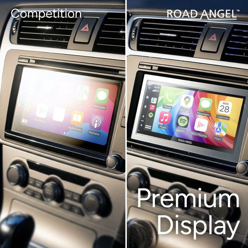Comparison of a car dashboard with a competition display and a Road Angel premium display.