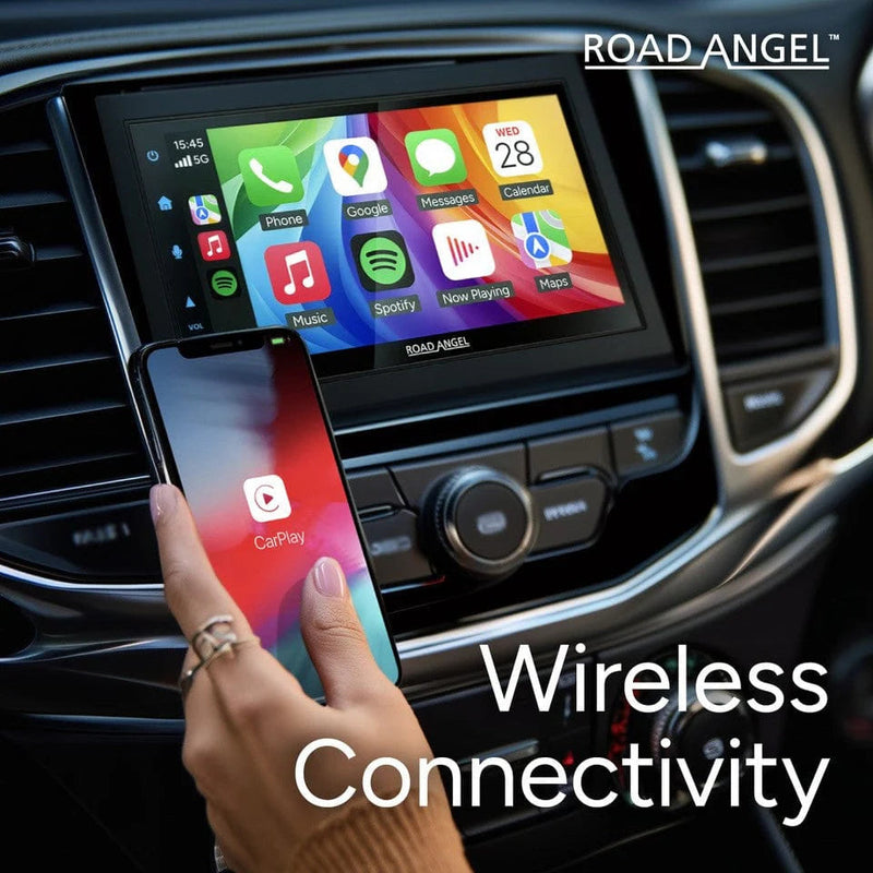 Car dashboard with a touchscreen display and smartphone, featuring Road Angel branding and 'Wireless Connectivity' text.