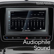 Car stereo system with digital display and 'Road Angel' branding, emphasizing audiophile sound quality.