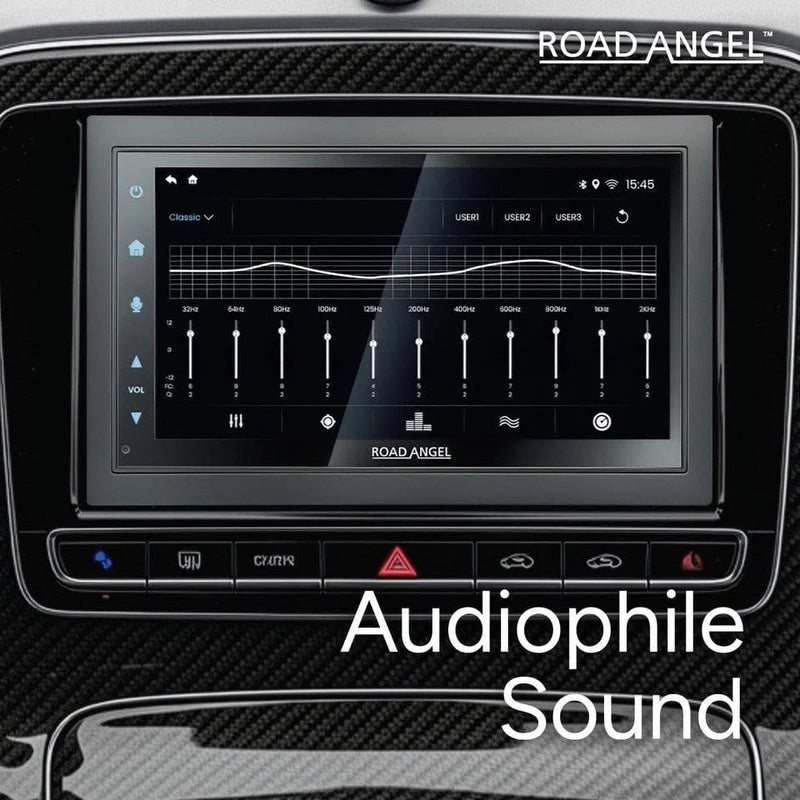 Car stereo system with digital display and 'Road Angel' branding, emphasizing audiophile sound quality.