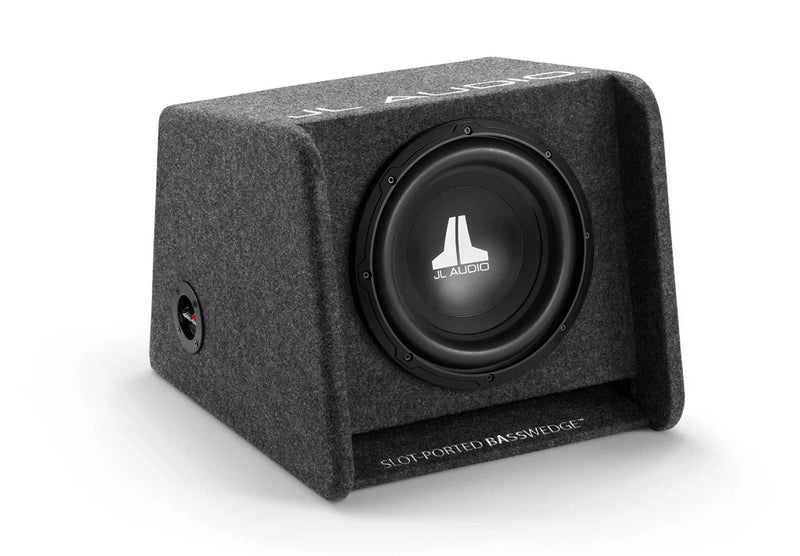 A dark gray slot ported bass enclosure with a black subwoofer driver featuring a white JBL logo, shown on a clean white background.