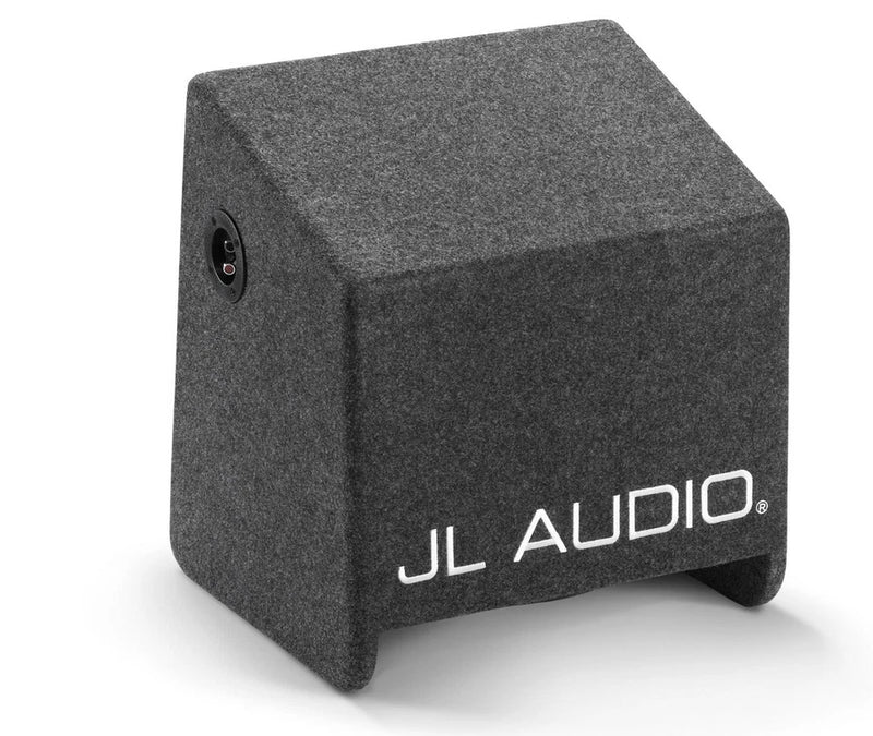 A dark gray felt-covered JL Audio speaker enclosure with a white JL AUDIO logo printed on the front, shown on a clean white background.