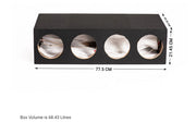 A black rectangular box with four circular cutouts showing white contents inside, shown on a white background with dimension arrows and text indicating 77.5 cm length, 21.