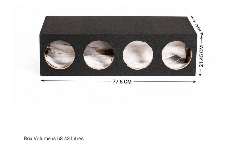 A black rectangular box with four circular cutouts showing white contents inside, shown on a white background with dimension arrows and text indicating 77.5 cm length, 21.