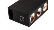 A black rectangular speaker enclosure box with three circular driver openings showing metallic copper/bronze cones, photographed on a white background.