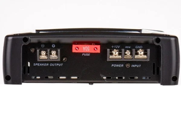 Rear view of a black car audio amplifier or receiver showing speaker output, power input, fuse, and terminal connections on a white background.