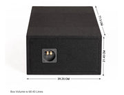 Black rectangular speaker enclosure box with dimension measurements shown on a white background, including 39.25 cm width, 77.
