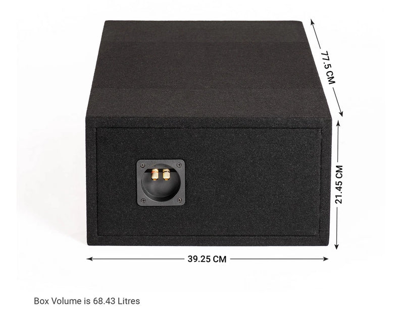 Black rectangular speaker enclosure box with dimension measurements shown on a white background, including 39.25 cm width, 77.