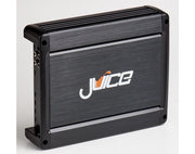 A black car audio power amplifier with a brushed metal front panel, featuring the 'Juice' brand logo in white and orange, set against a light gray background.