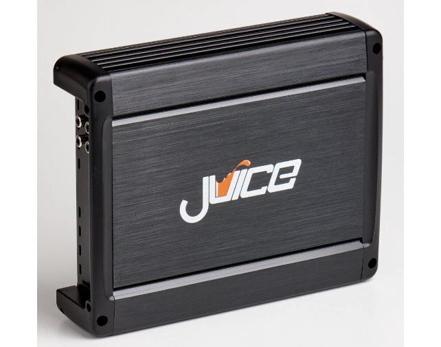 A black car audio power amplifier with a brushed metal front panel, featuring the 'Juice' brand logo in white and orange, set against a light gray background.