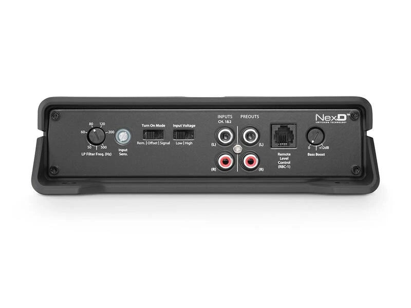 Back view of an electronic device with labeled ports and branding on a white background