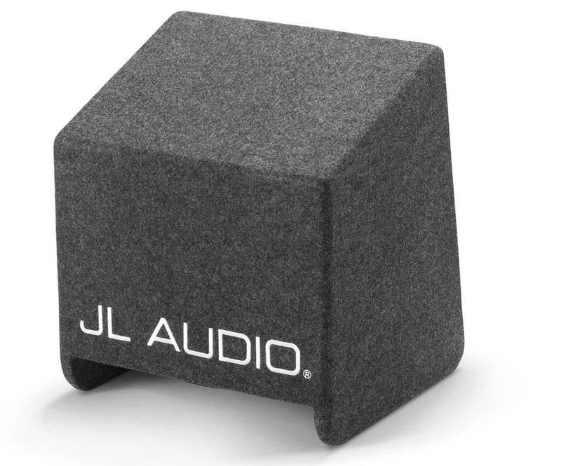 A dark gray felt-covered JL Audio speaker protector or subwoofer enclosure, shown on a clean white background.
