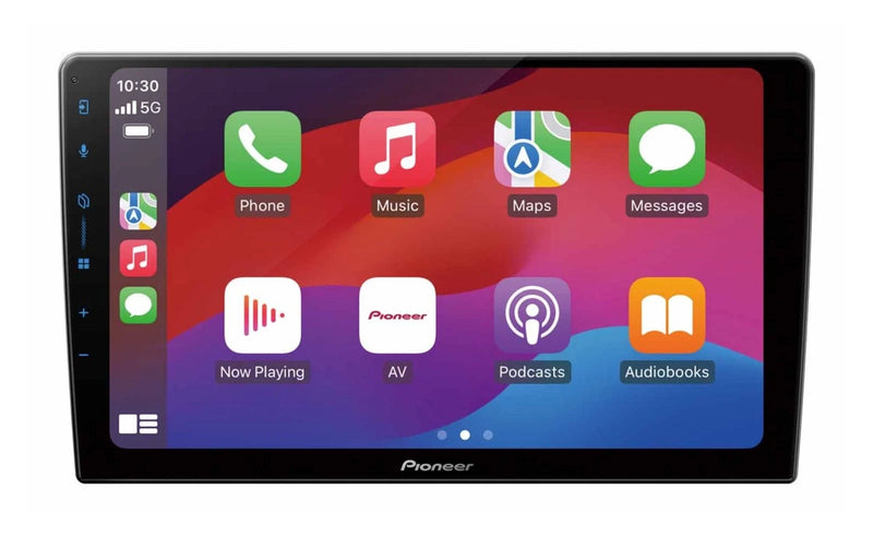 Pioneer car multimedia display with app icons on a white background
